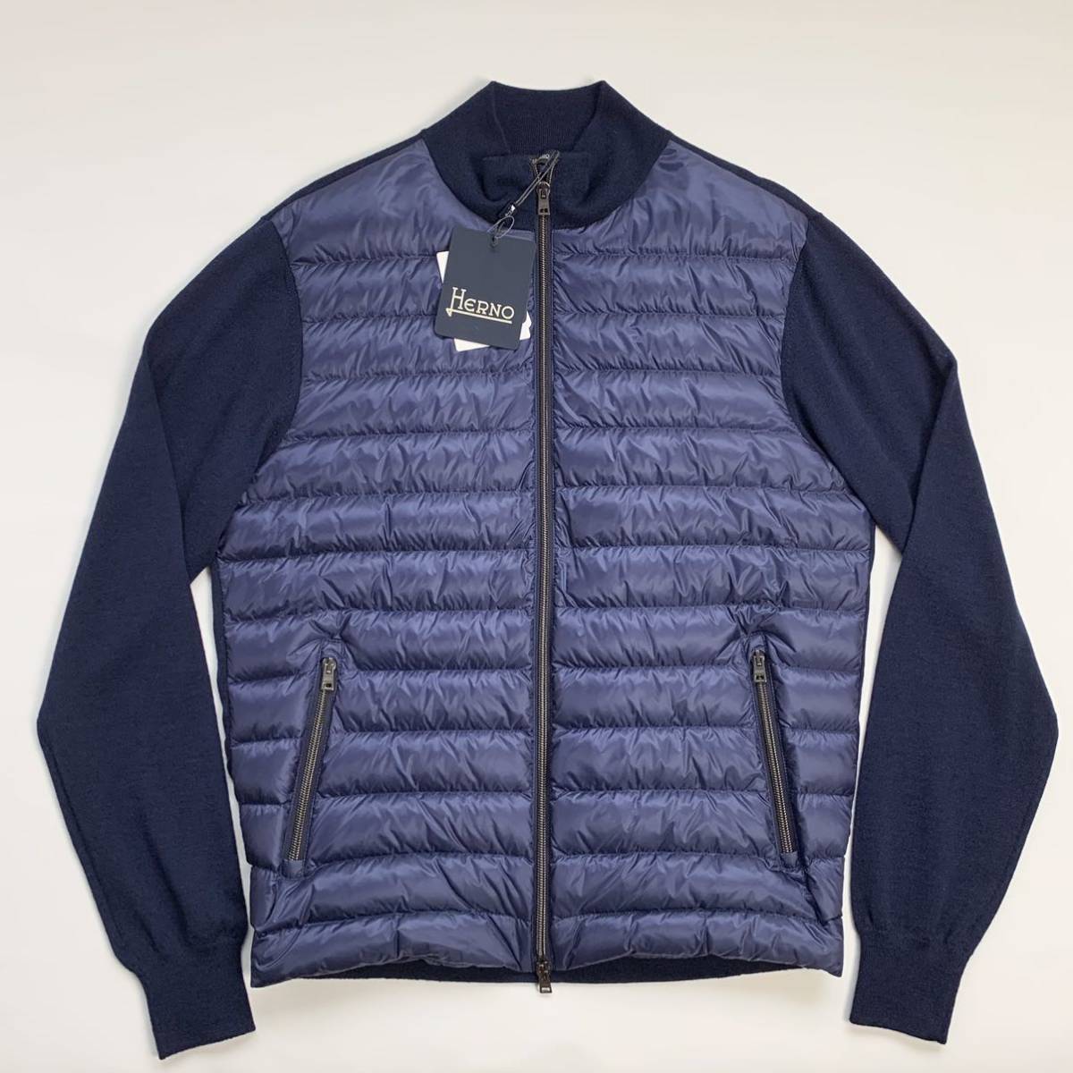【新品】HERNO ヘルノ ダウンニット シルク混 スタンドカラーブルゾン 異素材 切り替え ハイブリッド カーディガン ニットダウン 国内正規