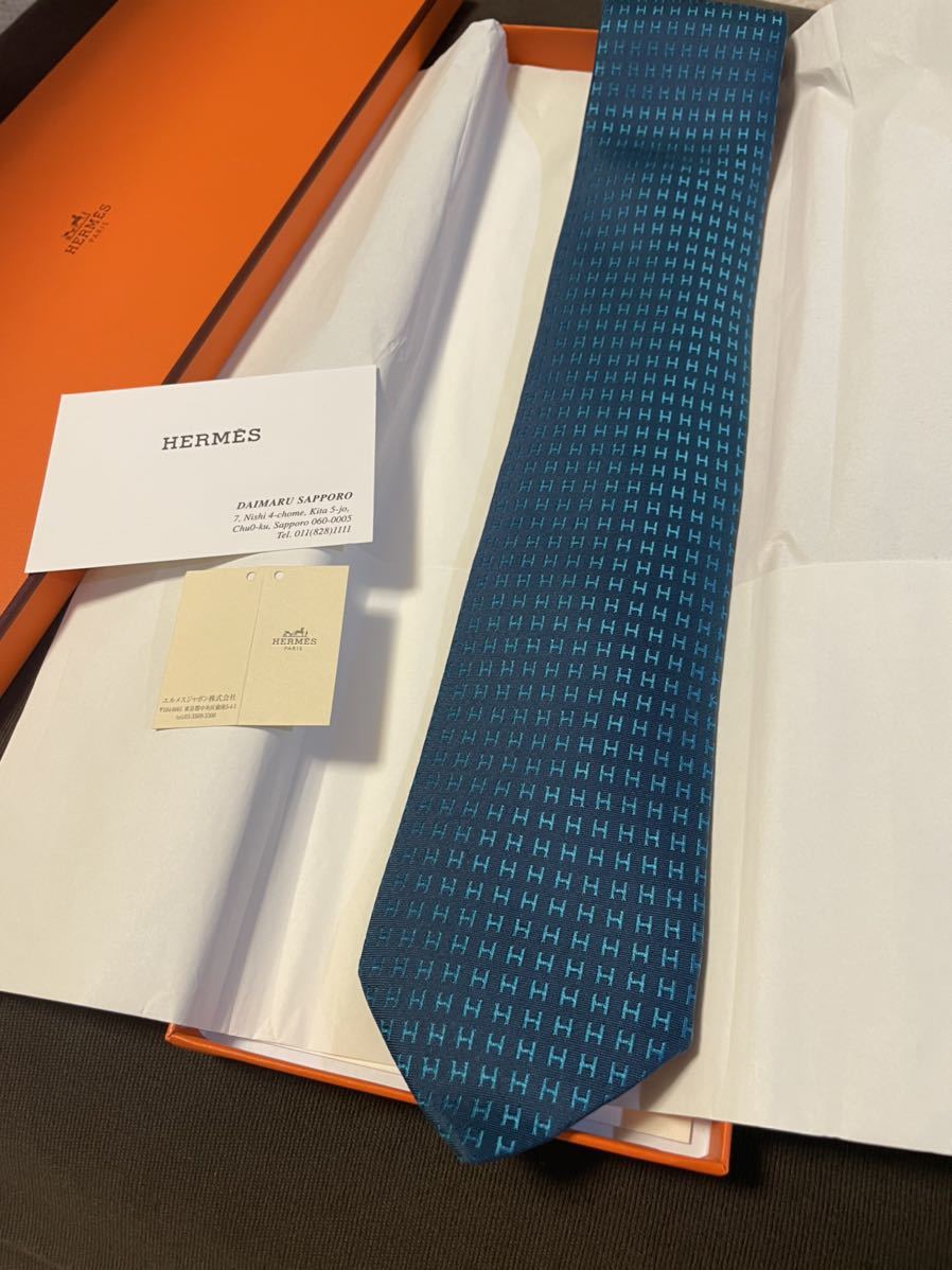HERMES エルメス ネクタイ ジャガード織 H柄 ブルー系 シルク フランス