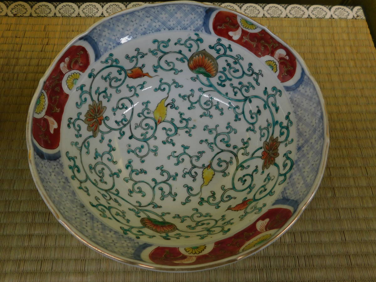 古伊万里 - 色絵 大皿 伊万里色絵花卉文輪花鉢（柿右衛門様式） 文化