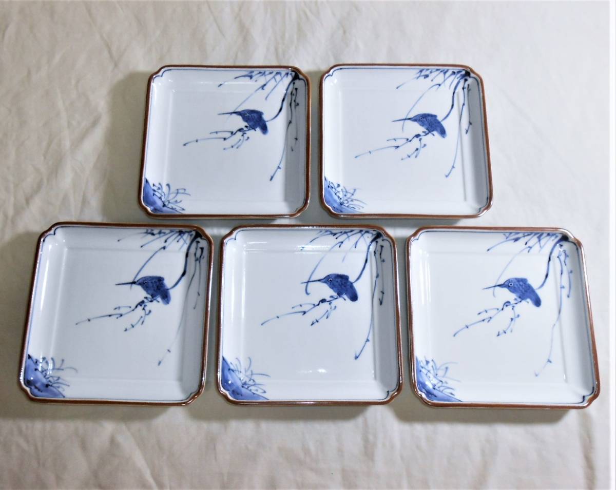 たち吉脚付き小皿青嵐 たち吉 青嵐 カワセミ絵 角皿5枚 約14.0cm四方 隅切 紅縁 和食器 川蝉
