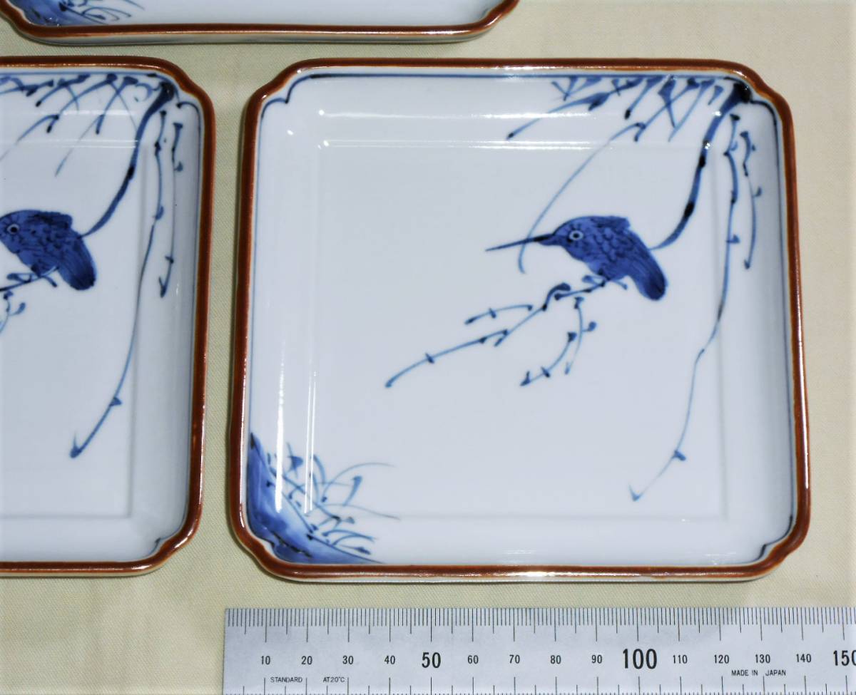 たち吉 青嵐 カワセミ絵 角皿5枚 約14.0cm四方 隅切 紅縁 和食器 川蝉