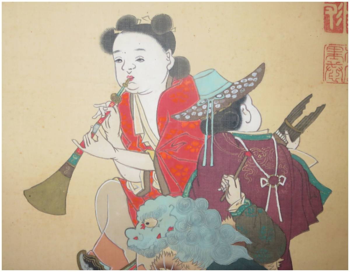 鑑定 大和郡山藩重臣・【柳沢淇園】 童子吹笛・獅子舞図 二幅 掛軸