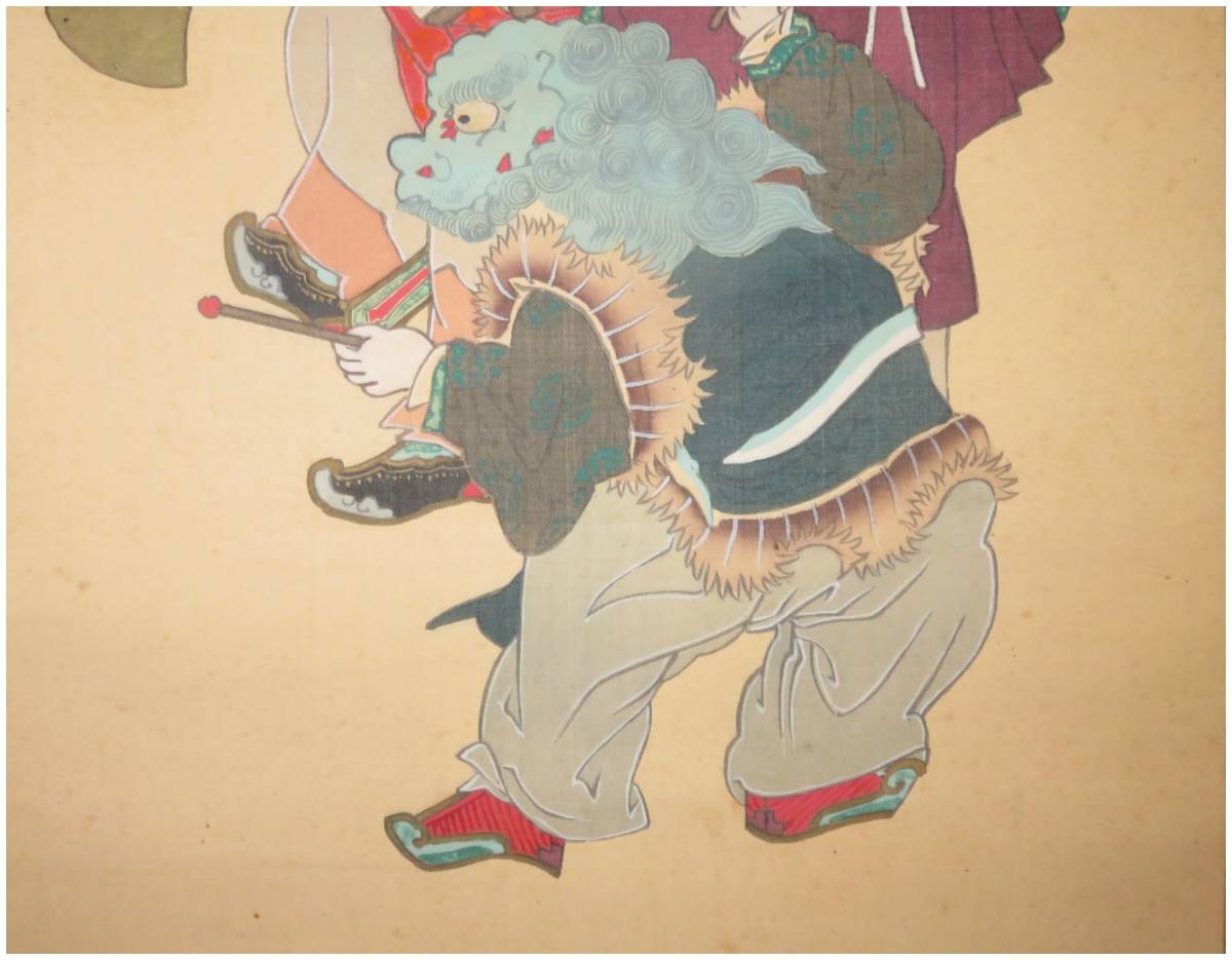 鑑定 大和郡山藩重臣・【柳沢淇園】 童子吹笛・獅子舞図 二幅 掛軸