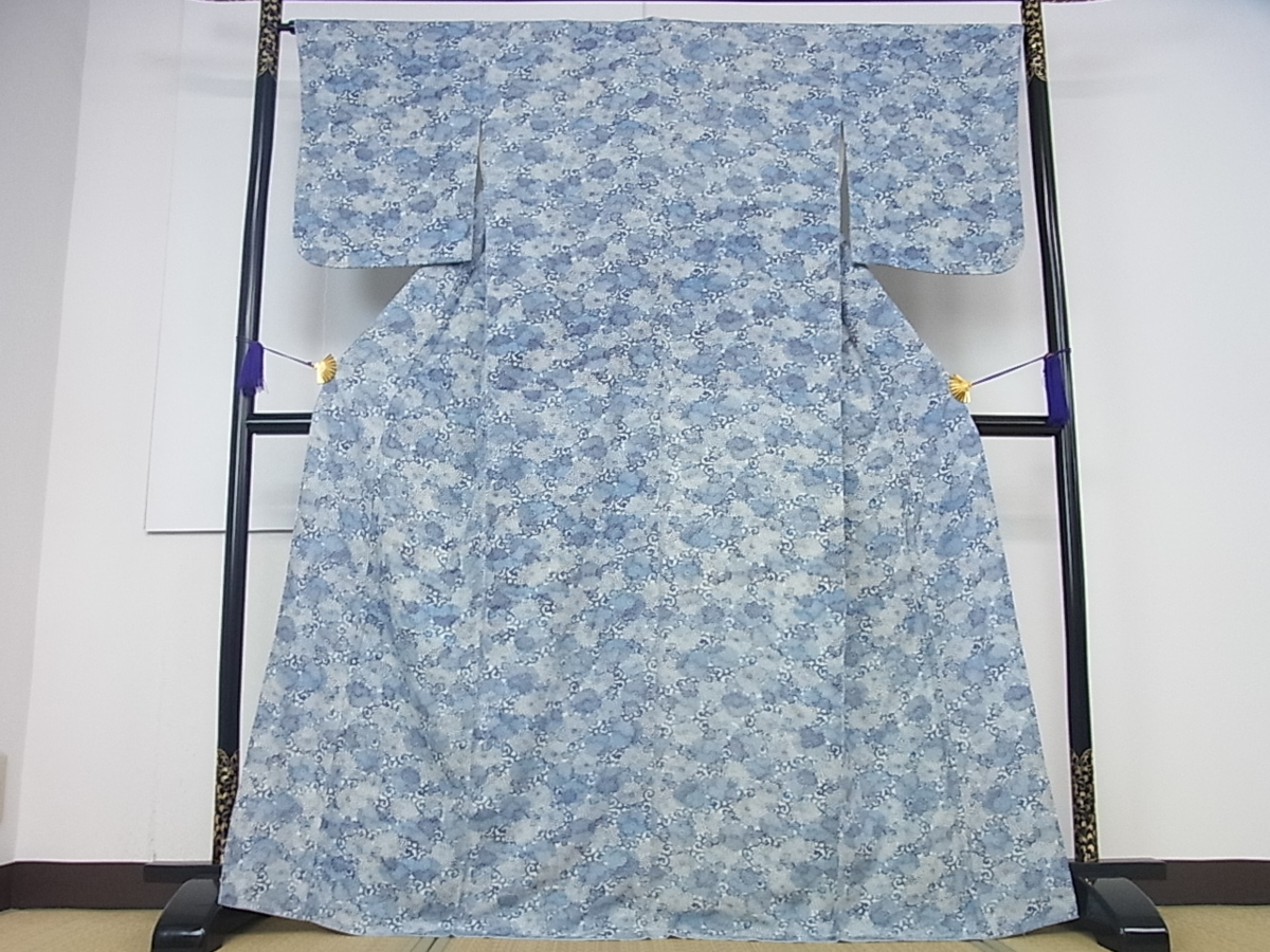 平和屋着物■上質な小紋　藍　型染め　菊尽くし　逸品　ut2679 平和屋着物○阿波藍染 阿波友禅 正絹 城間栄順作(A42\u00271300yu 日本工芸会正会員 本場琉球藍型染小紋着物