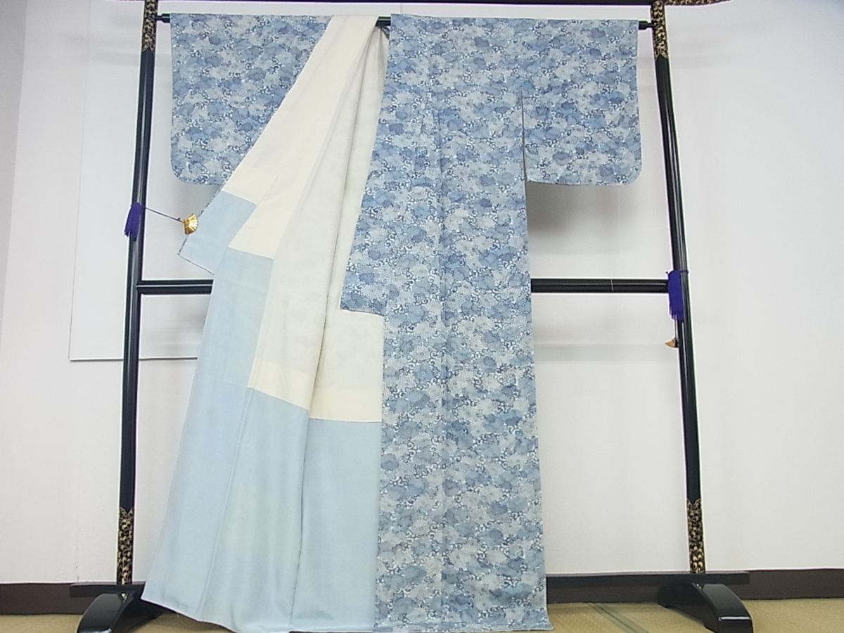 平和屋着物■上質な小紋　藍　型染め　菊尽くし　逸品　ut2679 平和屋着物○阿波藍染 阿波友禅 正絹 城間栄順作(A42\u00271300yu 日本工芸会正会員 本場琉球藍型染小紋着物