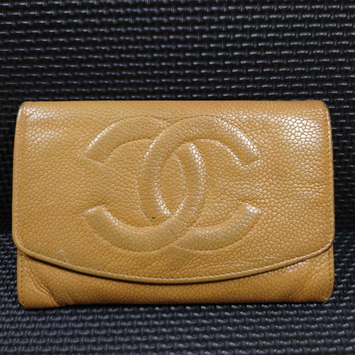 CHANEL 折り財布 コインケース 小銭入れ キャビアスキン イエロー系 