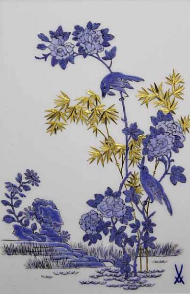 ■マイセン 【青い鳥と金の竹】 陶板画 MEISSEN