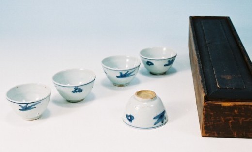 煎茶道具】「唐物古染煎茶茶碗」 五客 煎茶碗 煎茶器 湯呑 時代箱入
