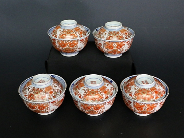 杜】 伊万里 金襴手 割絵花の図蓋茶碗 5客 AS1556 日本の陶磁 陶芸