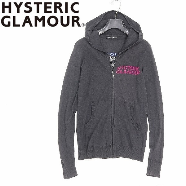 ◆HYSTERIC GLAMOUR/ヒステリックグラマー ガール コットン ニット フード ジップアップ パーカー チャコールグレー系 FREE