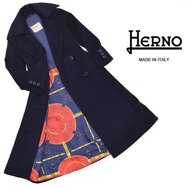 定価23万円 イタリア製 ヘルノ HERNO 伊製コロンボ生地 カシミヤ混ウール 最高級ロングコート/裏地シルク100% 紺/7号相当(コート ...