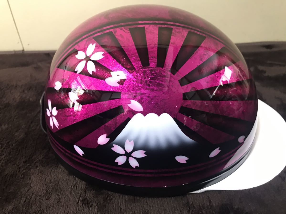 黒 ピンク ラップ塗装 富士日章 コルク半 ヘルメット 桜吹雪 三段