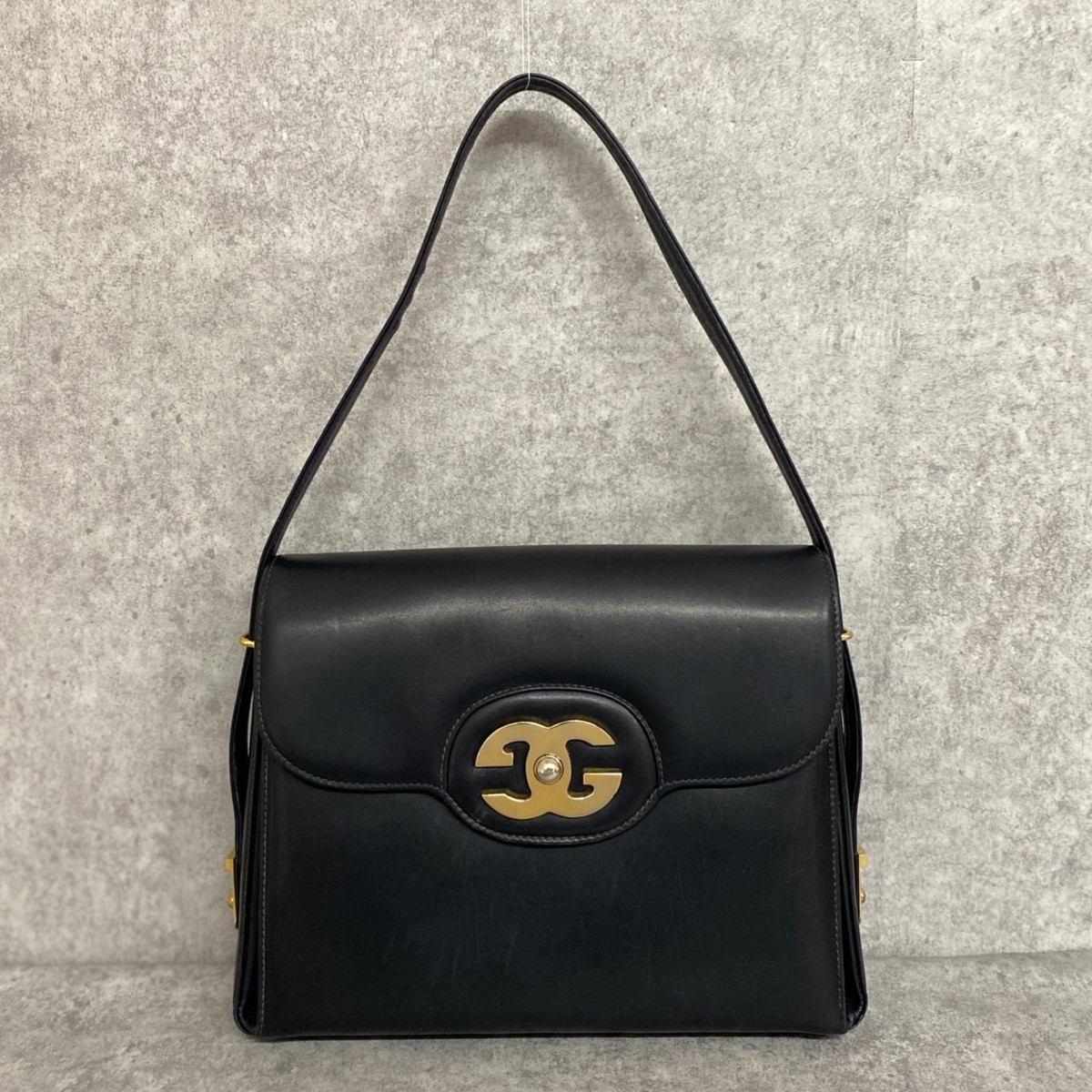 ■1円 美品 ■ GUCCI オールドグッチ ヴィンテージ GG 金具 レザー 2way ショルダーバッグ ハンドバッグ ブラック ネイビー 93810