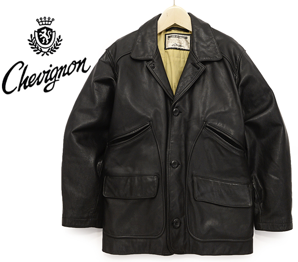 定価8万 シェビニオン CHEVIGNON 牛革 レザーカーコート/黒 S80~90年代