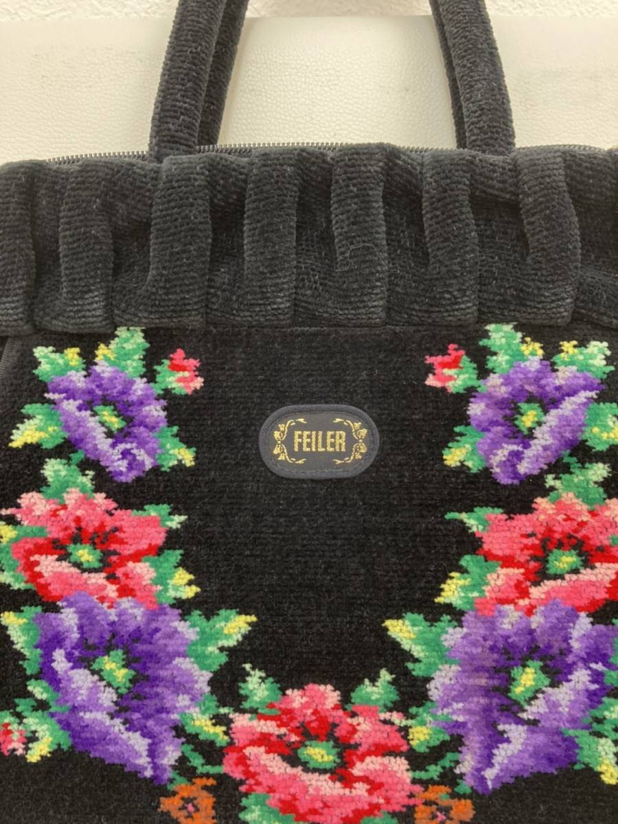 A】未使用 FEILER フェイラー シェニール織 黒 花 刺繍 ハンドバッグ