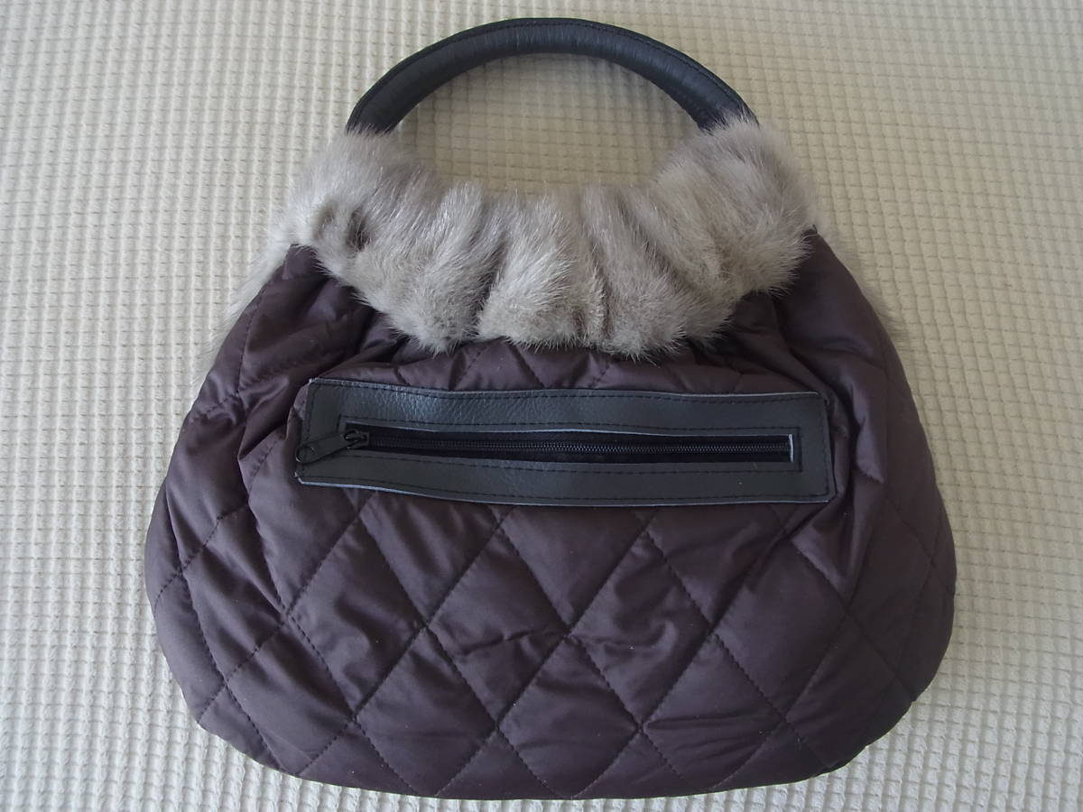 ♪ハンドメイド＊SAGAサファイヤミンク・革持ち手ふっくらバッグ 大に