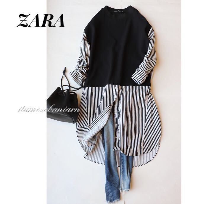 Zara ザラ 秋 大人素敵スタイル 異素材切替ストライプ柄シャツワンピース サイズl 黒 白 重ね着風 サイドスリット入り ワンピース 売買されたオークション情報 Yahooの商品情報をアーカイブ公開 オークファン Aucfan Com