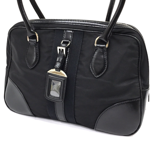 プラダ レザー ナイロン ハンドバッグ 肩かけ シルバー金具 三角プレート レディース ブラック系 保存袋付 PRADA