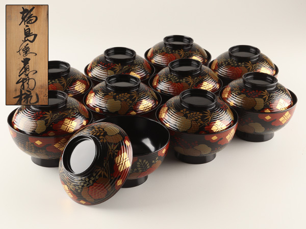 流】能登輪島塗 黒塗蒔絵煮物椀十客 共箱 KD117 流能登輪島塗 【公式通販】