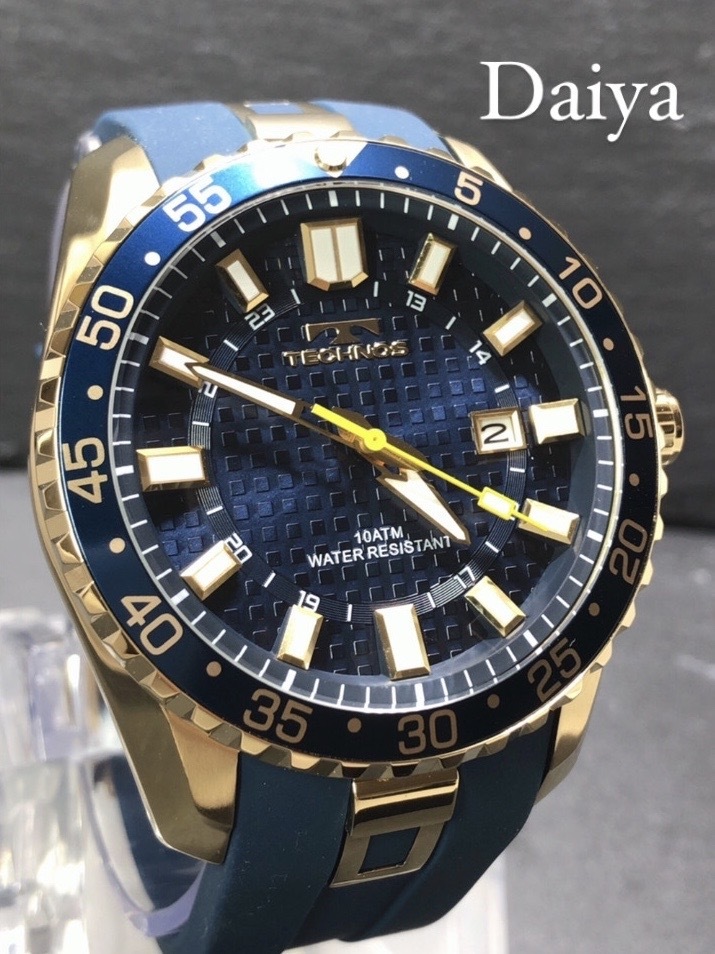 新品 TECHNOS テクノス 正規品 腕時計 ブルー ゴールド ラバーベルト 