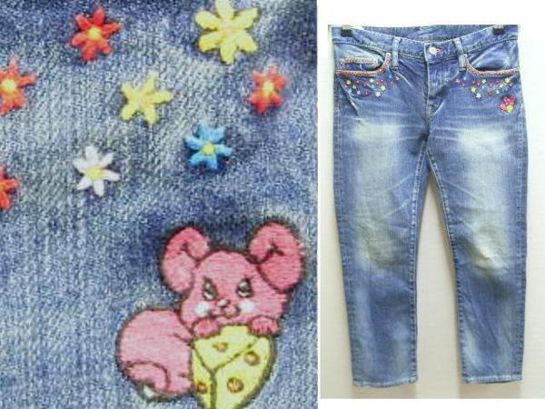 nana美品人気ヒステリックグラマーヒスベア刺繍フリフリデニム サロペット 即決[S]美品☆ヒステリックグラマー 花柄刺繍クロップドデニム □ 弊社