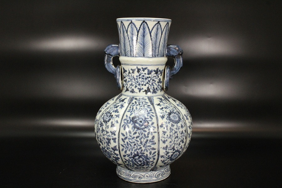 金閣中国美術 枝花紋 双耳 不遊環 瓶 高37.5cm 青花 旧家