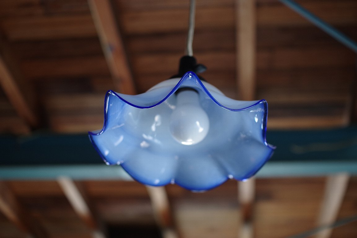 電笠 電傘 乳白ガラス 青縁 照明器具 昭和レトロ アンティーク