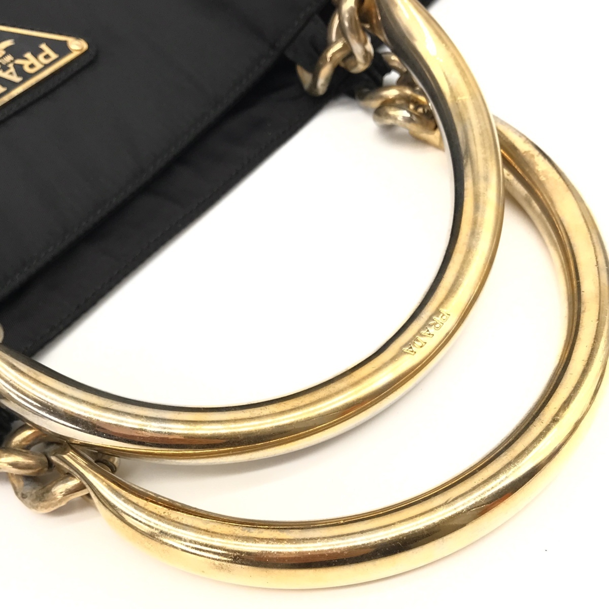 1円 良品 PRADA プラダ ナイロン ロゴ プレート チェーン トート 