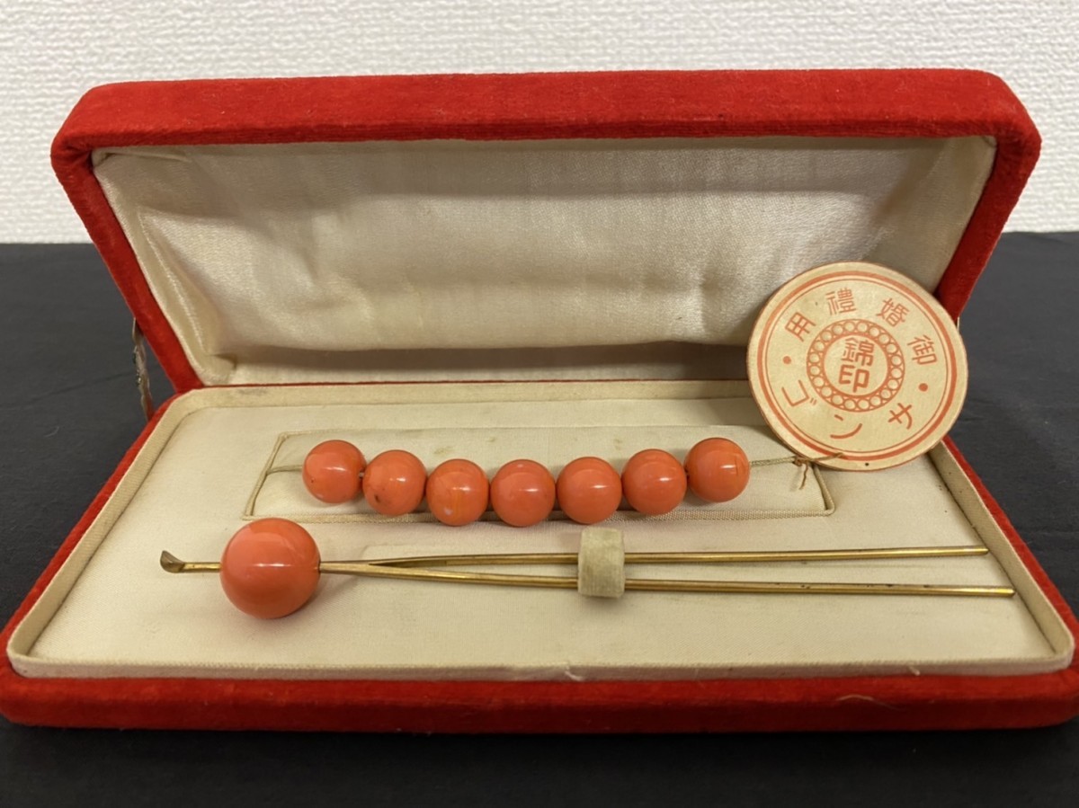 珊瑚 サンゴ セット 帯留め 約1.3㎜ 約22.6g 簪 かんざし 赤金刻印有 