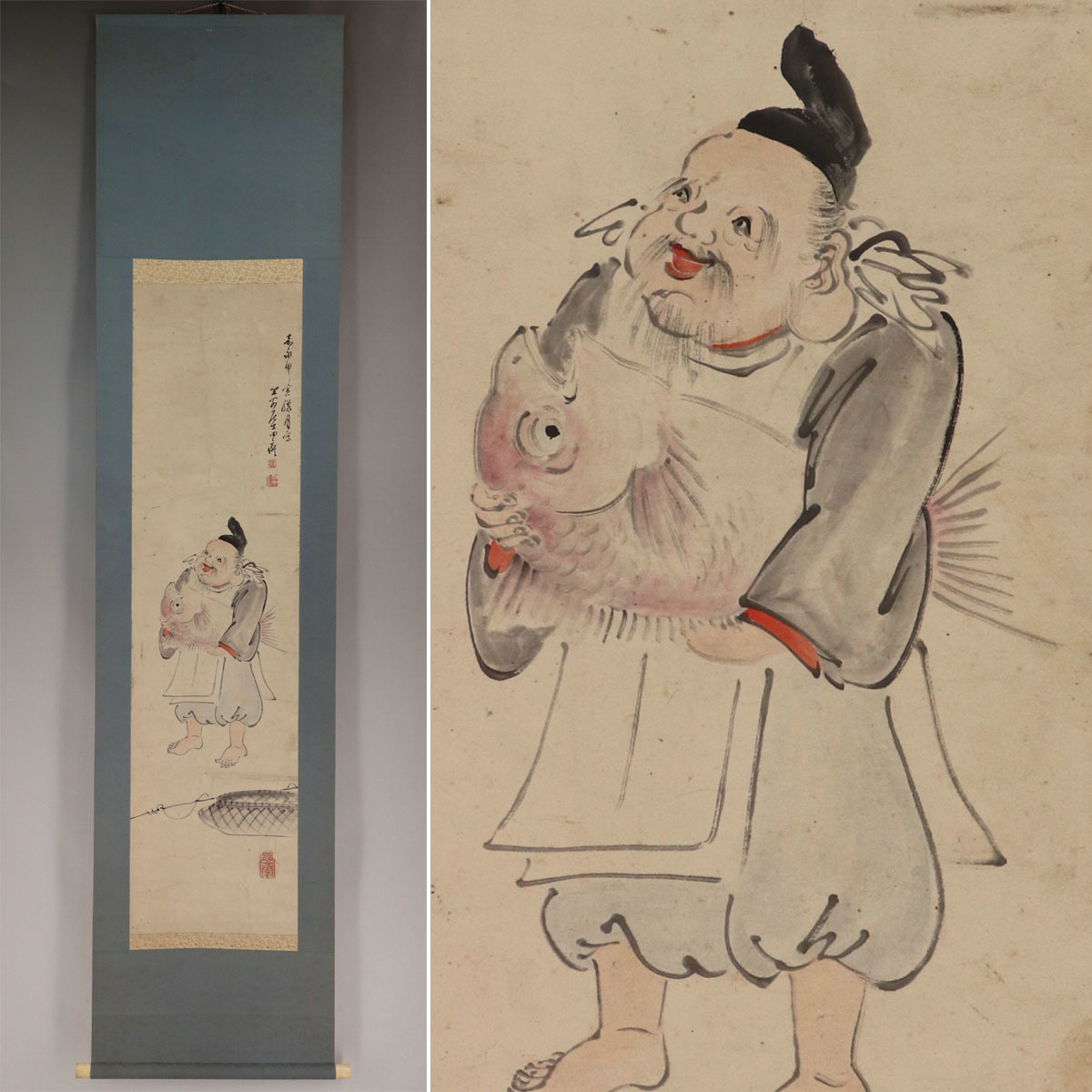 【真作】田能村直入【恵比寿】◆紙本◆合箱◆掛軸 v10182