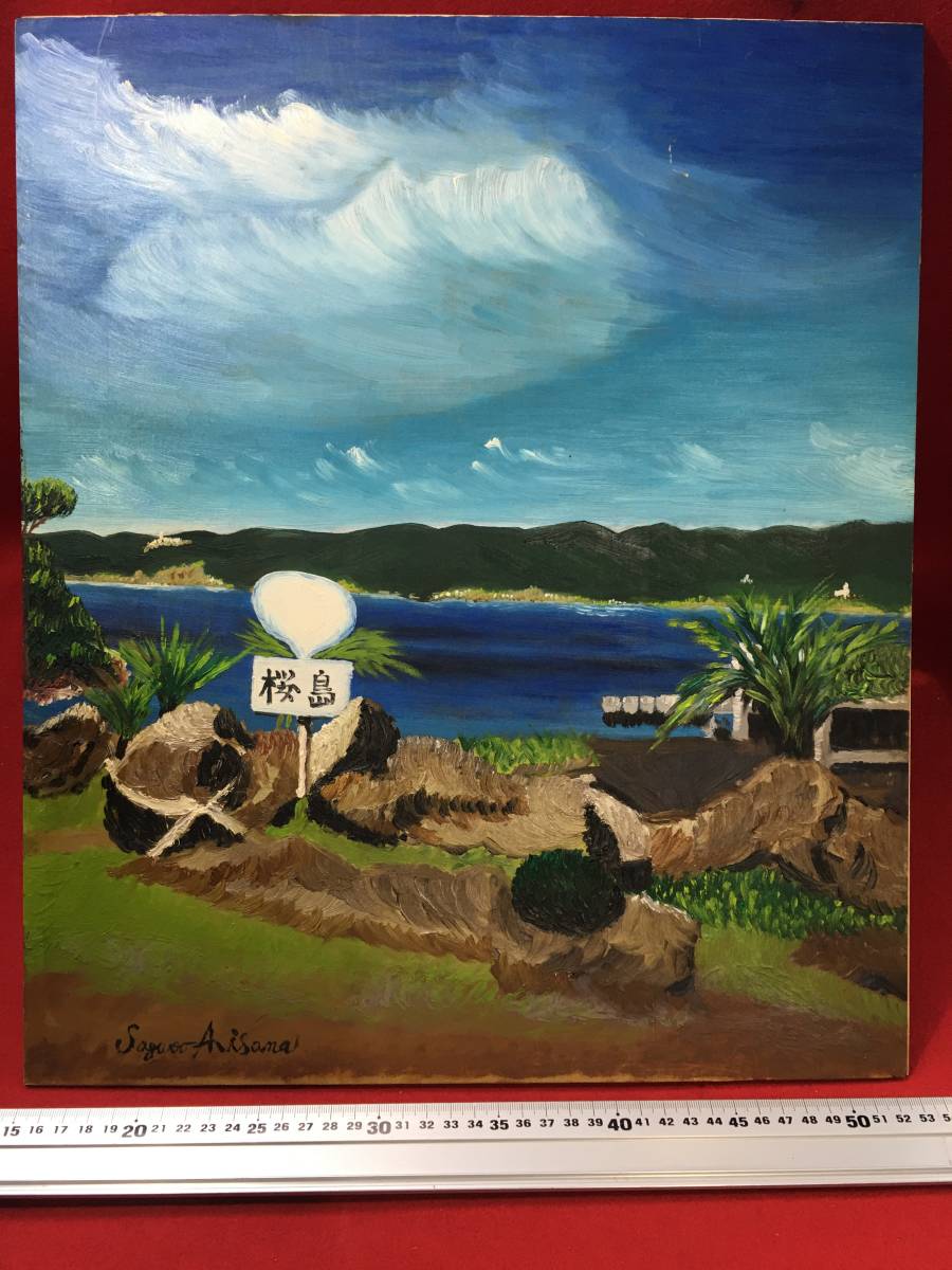 表側 油彩画 風景画 桜島 サイン入り 板絵 ベニヤ絵 絵画 古画 裏側は 