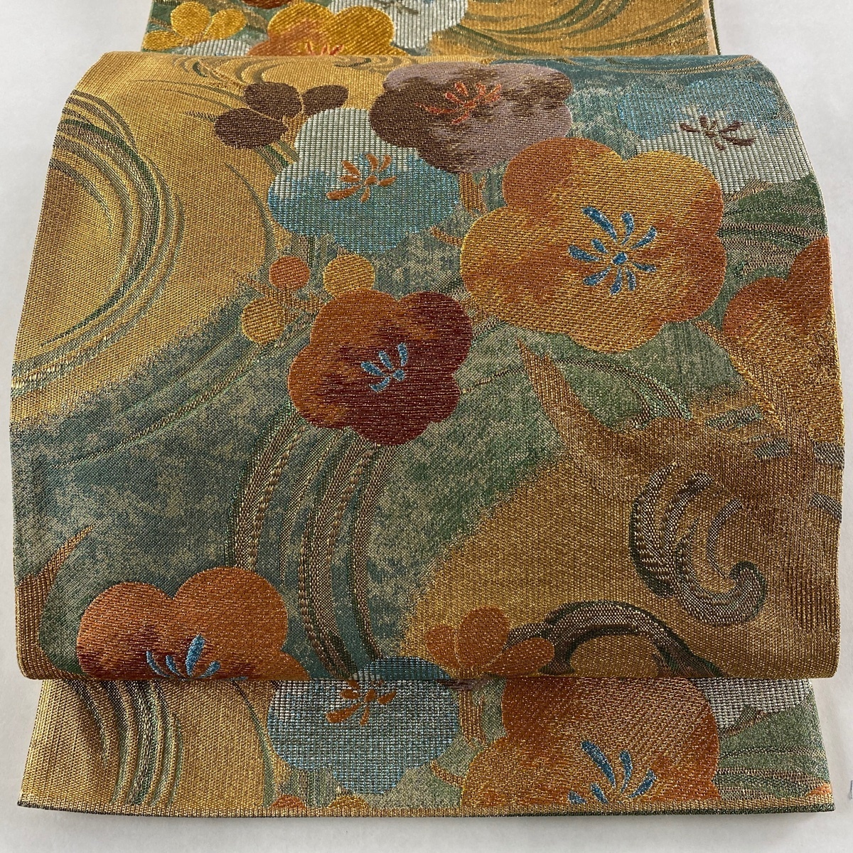 美品 袋帯 六通 秀品 箔 金糸 正絹 名品 金色 金銀糸 正絹｜中古・古着 華文 よもぎ色 中古 梅 店