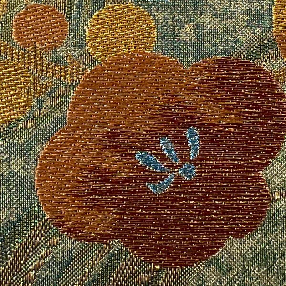美品 袋帯 六通 秀品 箔 金糸 正絹 名品 金色 金銀糸 正絹｜中古・古着 華文 よもぎ色 中古 梅 店