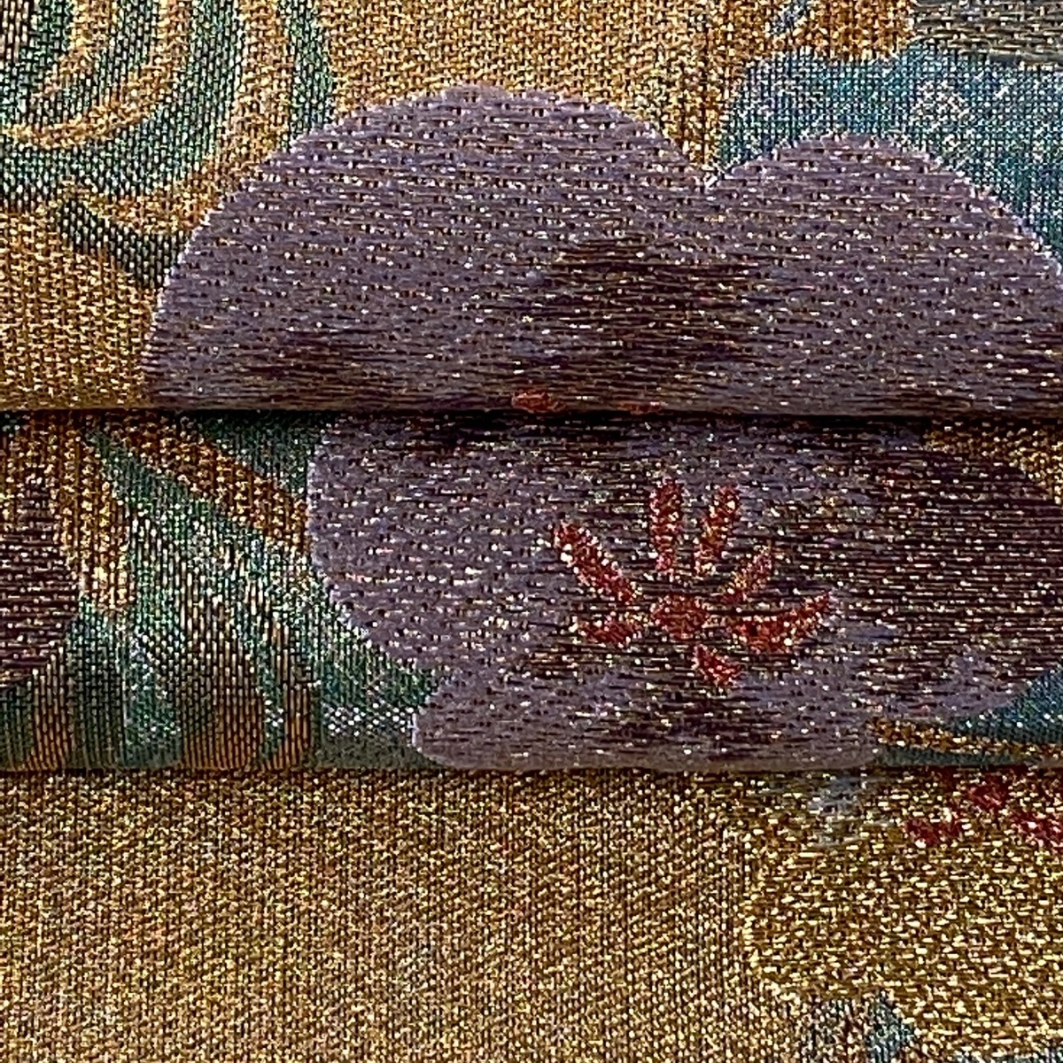 美品 袋帯 六通 秀品 箔 金糸 正絹 名品 金色 金銀糸 正絹｜中古・古着 華文 よもぎ色 中古 梅 店