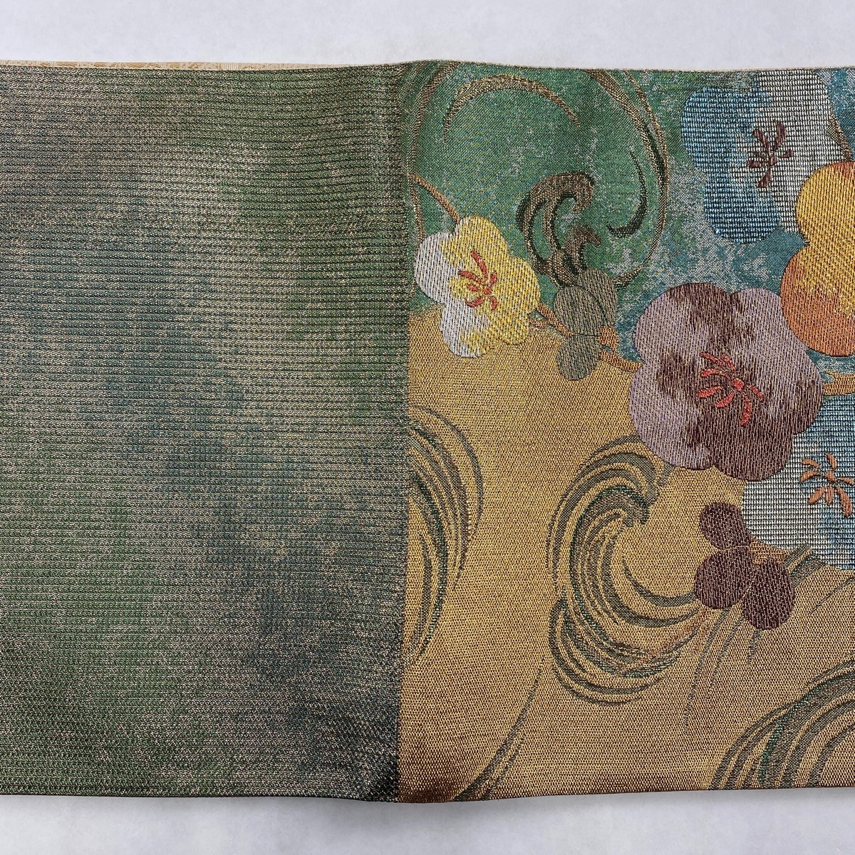 美品 袋帯 六通 秀品 箔 金糸 正絹 名品 金色 金銀糸 正絹｜中古・古着 華文 よもぎ色 中古 梅 店
