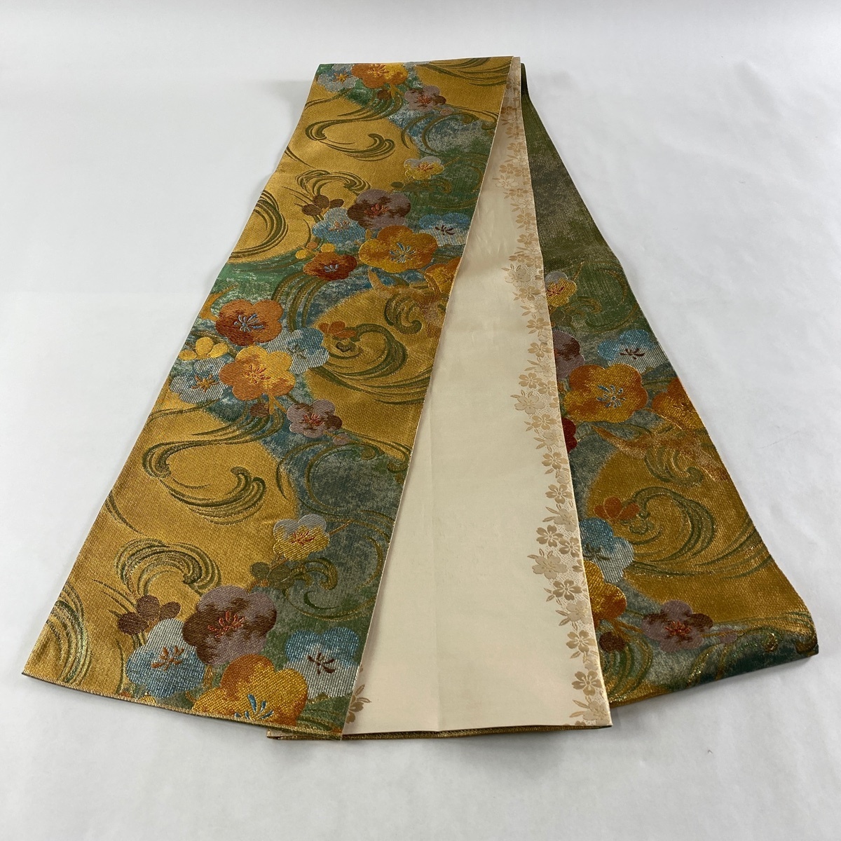 美品 袋帯 六通 秀品 箔 金糸 正絹 名品 金色 金銀糸 正絹｜中古・古着 華文 よもぎ色 中古 梅 店