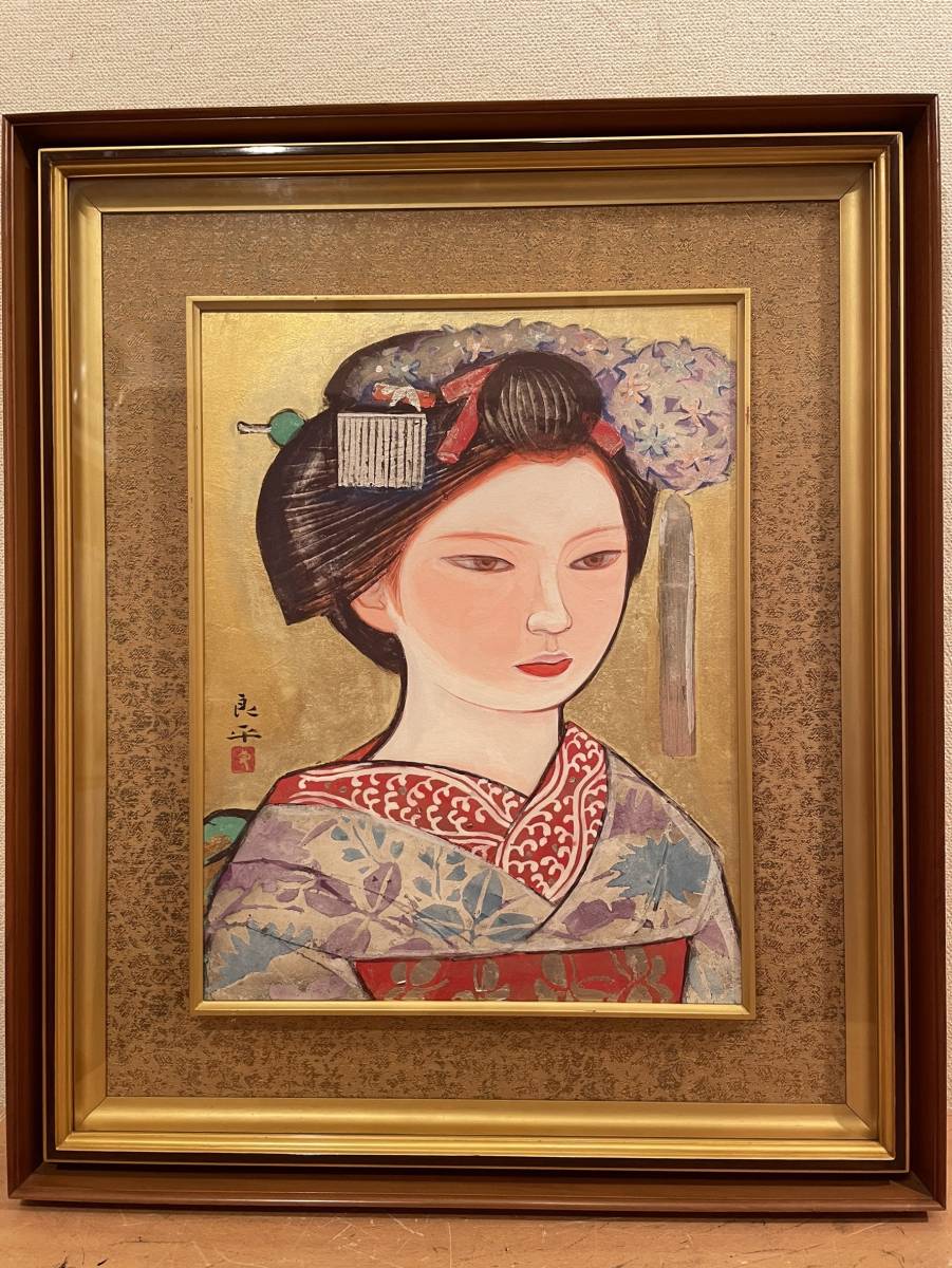 三輪良平『舞妓』日本画6号 落款・印有り ※真作保証(人物、菩薩