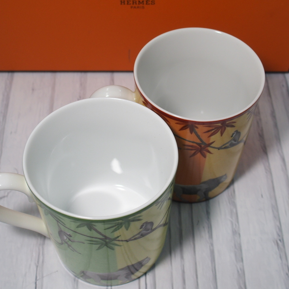 9.HERMES エルメス アフリカ ペア マグカップ オレンジ グリーン 茶器 
