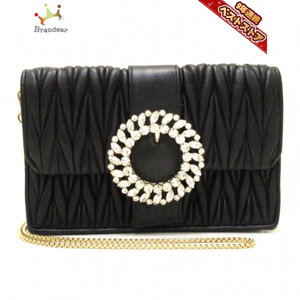 ミュウミュウ miumiu ショルダーバッグ 5BH095 ギャザーバッグ レザー 黒 レディース ビジュー/チェーンショルダー/ミニバッグ 美品 バッグ