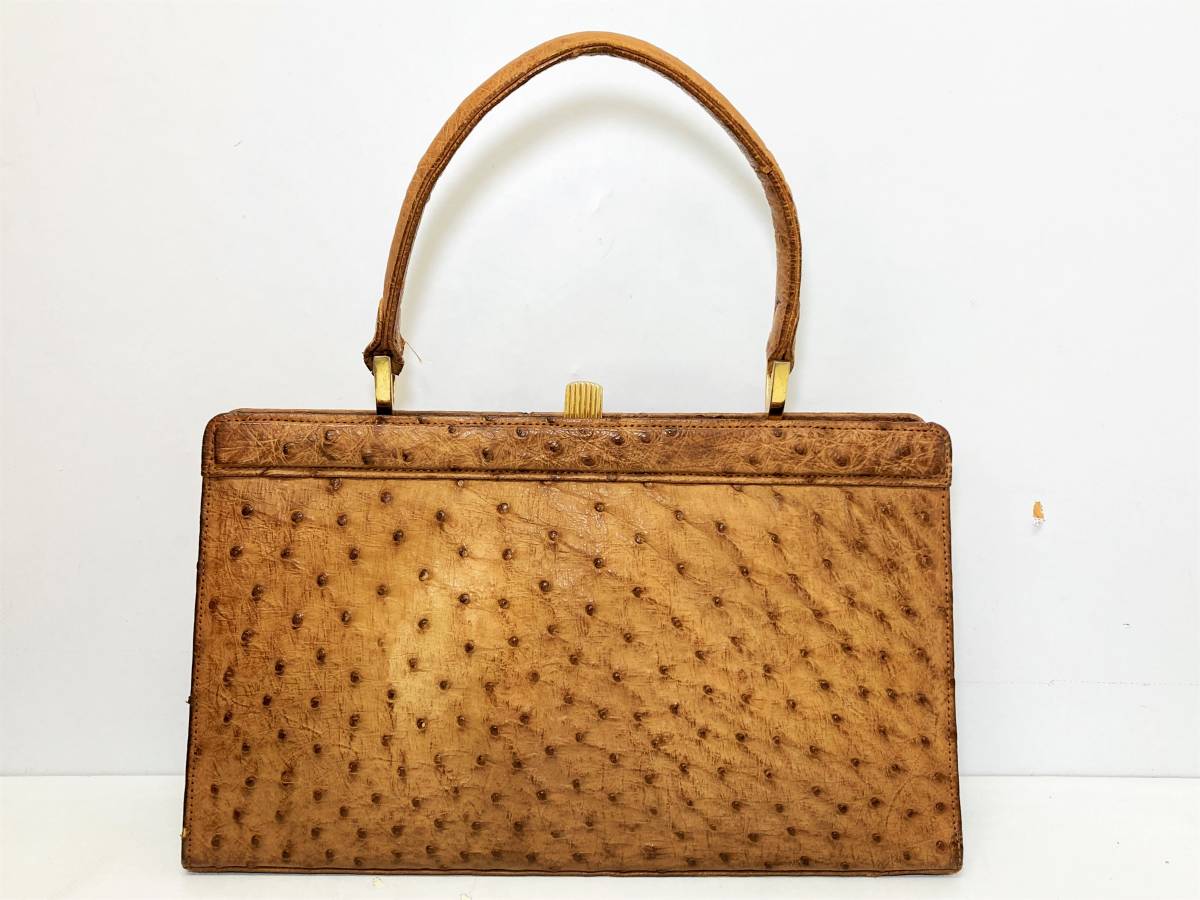 高級☆オーストリッチ レザー ハンドバッグ ブラウン 茶 OSTRICH 