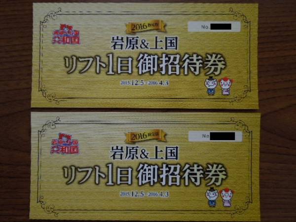 上越国際スキー場 岩原スキー場　１日券引換券　２枚 岩原＆上国