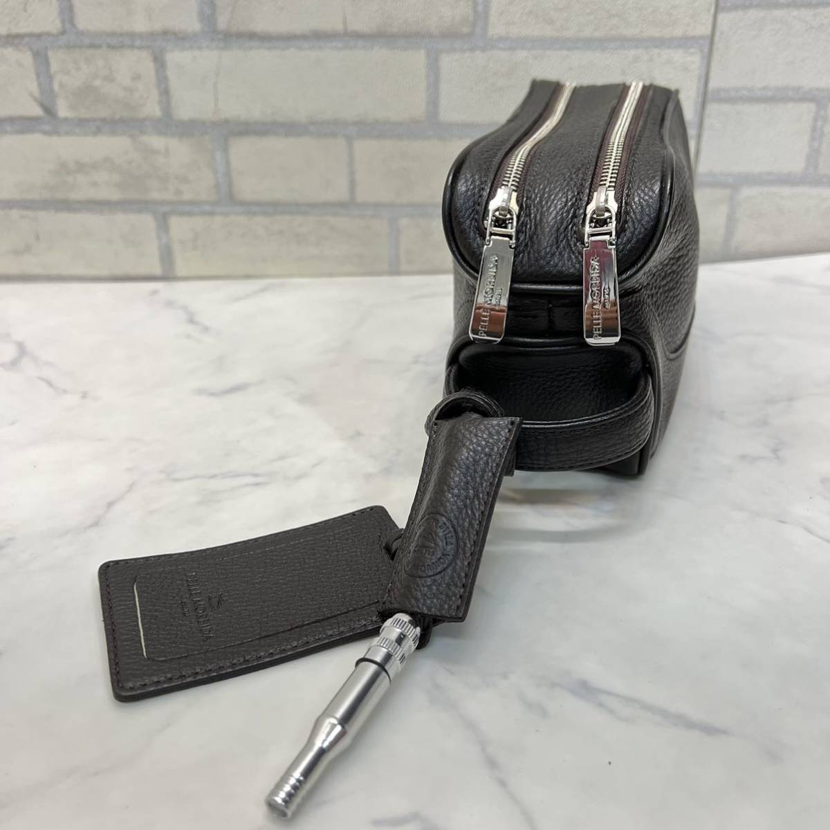 未使用 PELLE MORBIDA ペッレ モルビダ シュリンクレザー セカンドバッグ 牛革 レザー クラッチバッグ ブラウン 茶 本革 メンズ MORBIDA PELLE ペッレモルビダ ショルダーバッグ 袋付き オレンジ