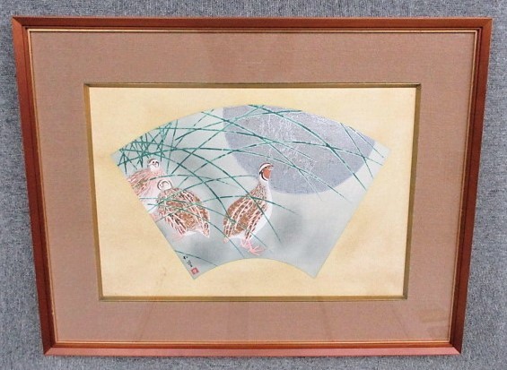 額装】 リトグラフ 上村松篁 「月に鶉」 四季木版画の内 秋 250部限定 