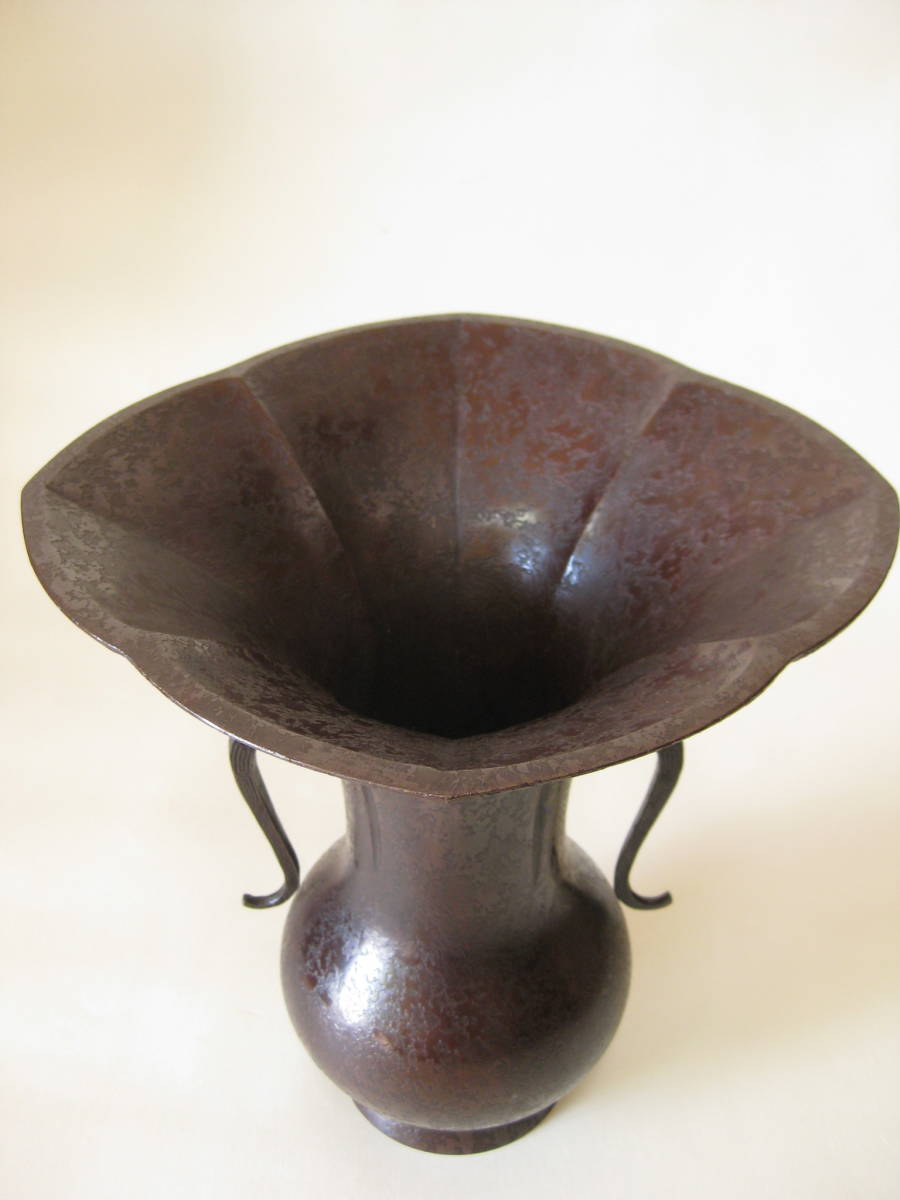 池坊 花器 銅製 115】希少 銅器 木瓜(ぼけ)型タレ耳 箱付き 池坊 花器/花びん/生け花