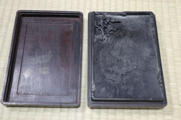 ☆古硯 端渓 魚脳凍 唐木箱 欠け有 書道具 中国 書道具