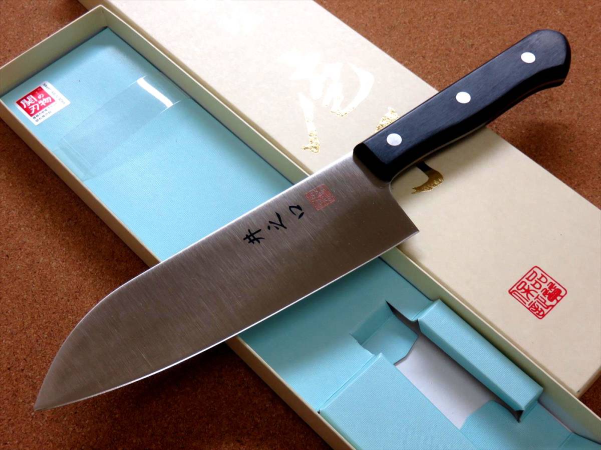 関の刃物 サーモン三徳包丁 175mm モリブデン 口金付 ディンプル 両刃万能