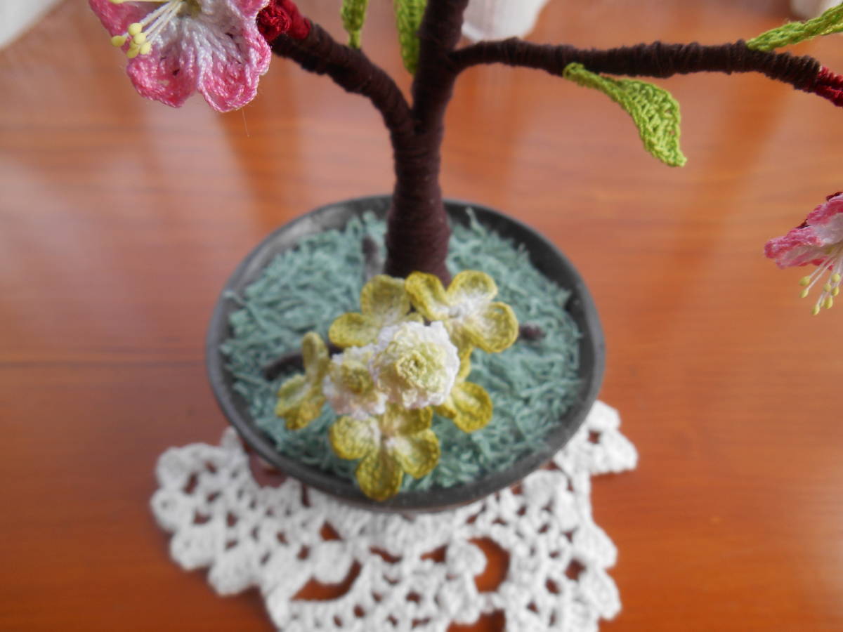 レース編み☆桜☆ クローバー 器入り☆ハンドメイド さくら☆盆栽風 桜