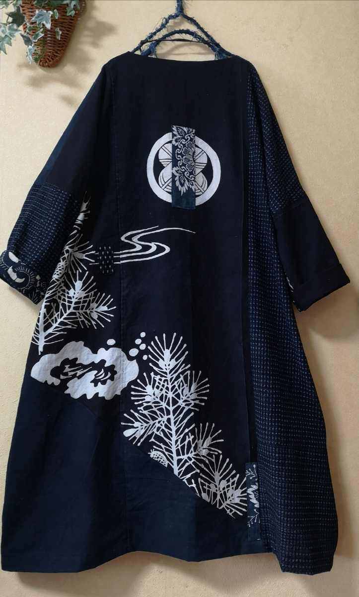 古布リメイク ワンピース 藍染 手刺繍 木綿 手作り（送料無料！手作り 