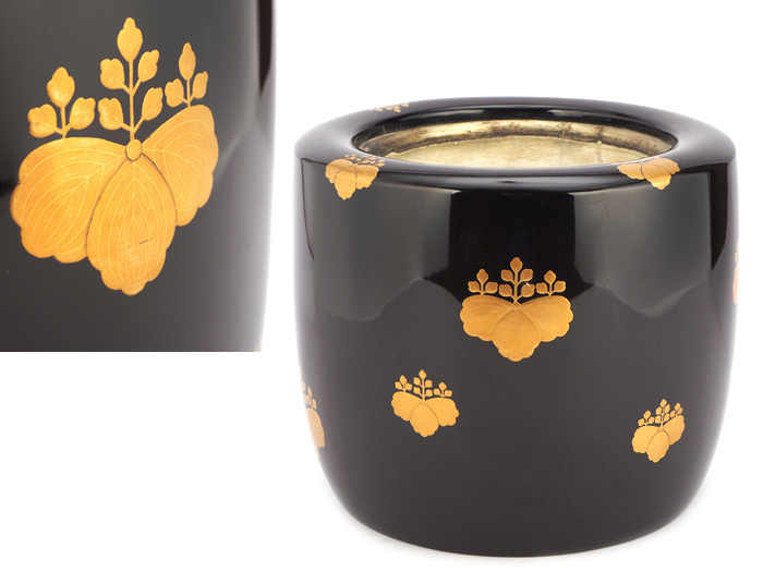 夢工房】時代 桐紋 金蒔絵 黒漆塗 火鉢 重さ2.3kg 径