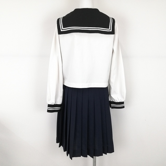 1円 セーラー服 スカート スカーフ 上下3点セット 大きいサイズ 中間服 長袖 白2本線 栃木足利短期大学附属高校 白 中古 ランクC NA7138